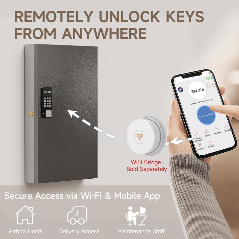 WeHere 96 Key Lock Box Wall Mount(Plus), Smart Security Storage Lockbox, Key Cabinet use APP Bluetooth/Fixed/Dynamic Password/OTP Share Unlock, Key Management for Valets/Realtors/Office - Image 5